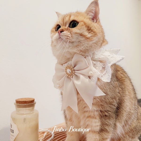 Ivory Silky Ribbon Pearl Bow Lace Collar | Cute Cat Handmade Neckwear Accessories | Wedding Pet Gift Kitten Puppy Newborn Birthday Cattery