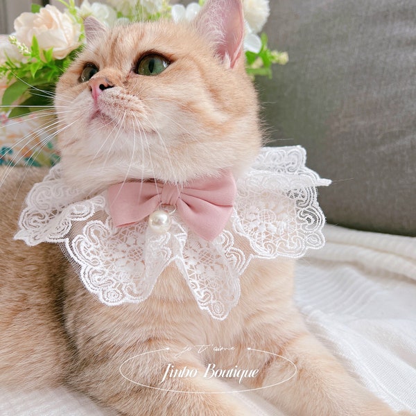 Baby Pink Blue Green Ribbon Pearl Bow Lace Collar | Cute Cat Handmade Neckwear Accessories | Birthday Pet Newborn Cattery Gift Kitten Puppy