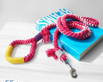 Colorful Two Tone Cotton Rope Dog Leash Handmade Ombre Rope Pet Leash Luxury Cotton Rope Lead Cute Unique Color Contrast Dog Accessories 5ft