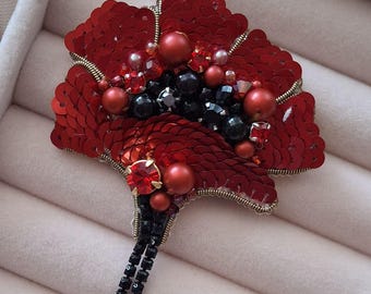 Embroidered Poppy Brooch: Red Sequin Flower Pin
