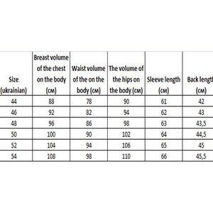 K&ouml;nnte beinhalten: Eine Gr&ouml;&szlig;entabelle f&uuml;r Kleidung mit Ma&szlig;en in Zentimetern f&uuml;r Brust, Taille, H&uuml;fte, &Auml;rmell&auml;nge, R&uuml;ckenl&auml;nge und Hals. Die Tabelle umfasst die Gr&ouml;&szlig;en S, M, L, XL, XXL und 3XL.