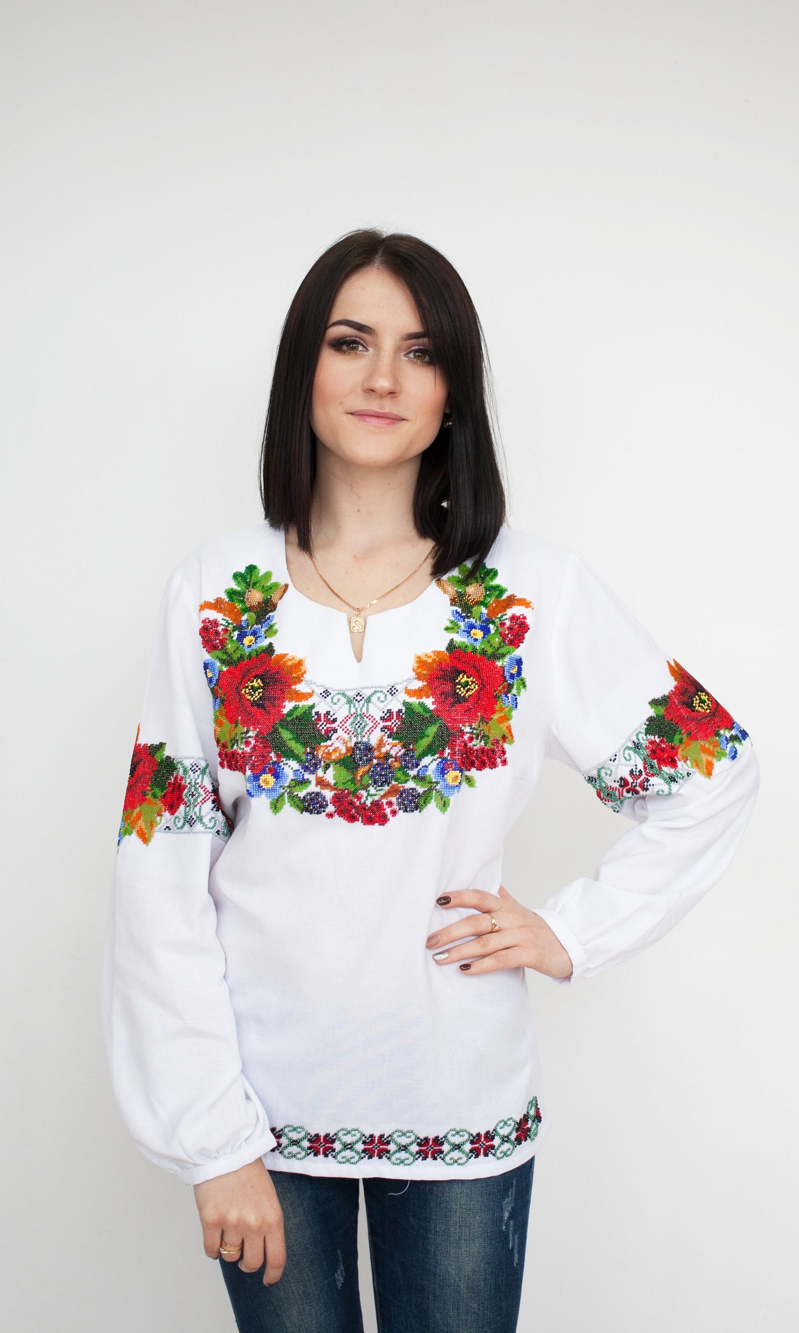 Beads Embroidery Blouse Ukrainian Vyshyvanka Hand Embroidered Shirt