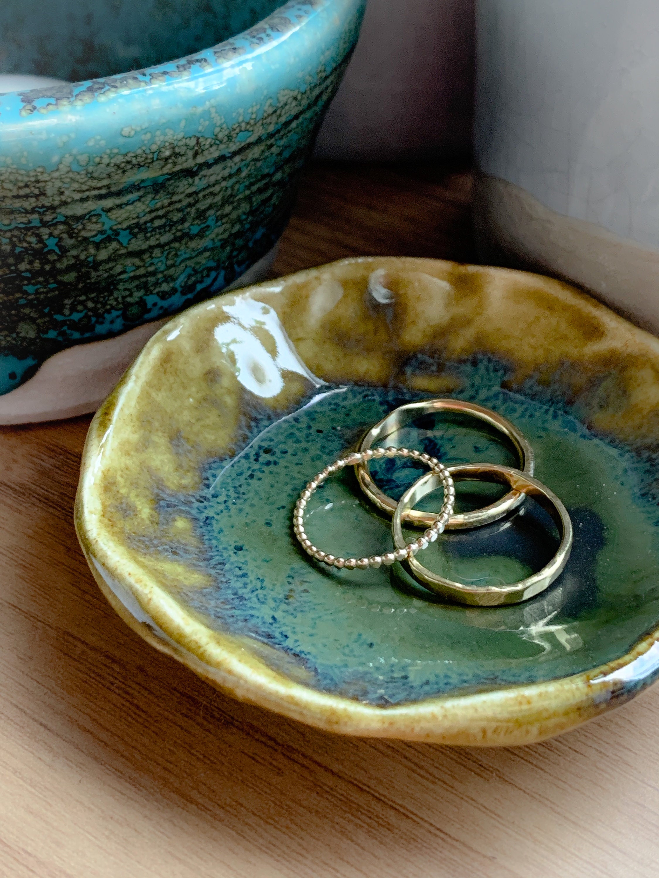 Handmade ceramic jewellery trinket dish with gloss green Etsy
