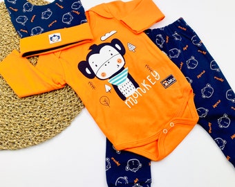Conjunto de algodão para recém-nascido | Body para bebê menino | Macacão para bebê menino | Roupa para bebê menino | Conjunto de 3 peças para bebê | Macacão | Presente para chá de bebê | Conjunto para ficar em casa