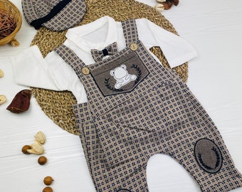 Baby Dungarees | Baby Occasion Set | Cotton Outfit Set with Hat | Baby Boy Romper | Baby Boy Formal | 3Pcs Baby Set | First Birthday Outfit