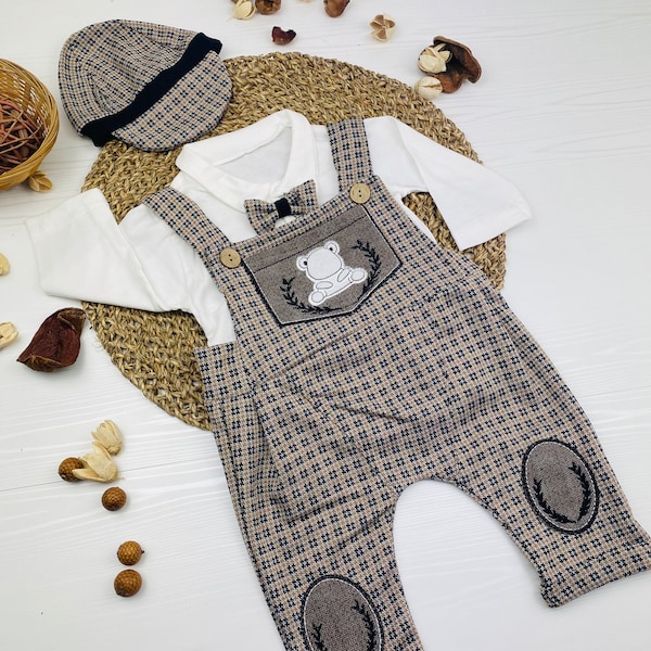 Baby Latzhose | Baby Set | Baumwoll Outfit Set mit Hut | Baby Strampler | Baby Boy formal | 3-teiliges Baby Set | Erster Geburtstag Outfit