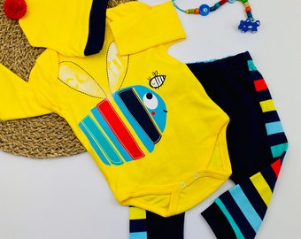Conjunto recém-nascido de algodão | Bebé Onesie | Macacão do bebé | Roupas de menino | Conjunto de bebê 3 unidades | Macacão | Presente de chá de bebê | Conjunto de salão