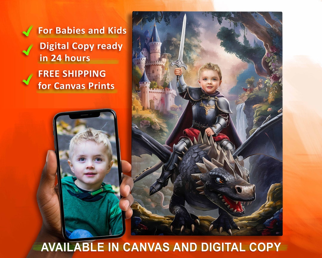 Custom Portrait for Kids Riding Dragon, Kids Portrait From Photo as ...