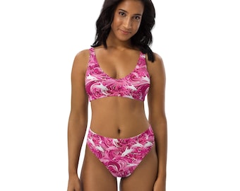 Pink Dolphin Bikini: Recycled High-Waisted Swimwear for Ocean Lovers