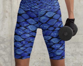 High Waist Biker Shorts: Blue Scale Print, Plus Size Activewear