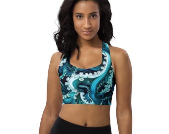Recycled Longline Swim Bra: Octopus Pattern, UPF 50+