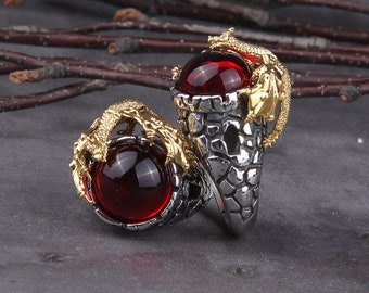 Snakeskin Fantasy Ring with Red Stone Garnet Dragon Scale Ring