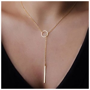 14k Gold Circle Lariat Necklace With Dropping Bar, Silver, Rose Gold, Dainty Y Necklace Long Chocker, Woman Gift, Skinny Lariat Bar