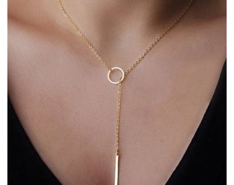 14k Gold Circle Lariat Necklace With Dropping Bar, Silver, Rose Gold, Dainty Y Necklace Long Chocker, Woman Gift, Skinny Lariat Bar