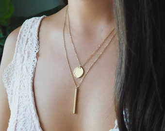 14k Gold Delicate Set Of 2, Beautiful Disc Necklace  With Vertical Bar, Layered Multi Necklaces, Custom Necklace, Adjustable Length