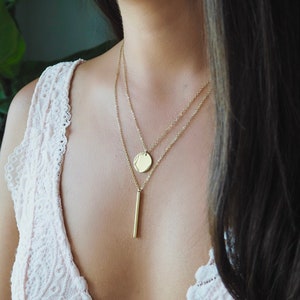 14k Gold Delicate Set Of 2, Beautiful Disc Necklace  With Vertical Bar, Layered Multi Necklaces, Custom Necklace, Adjustable Length