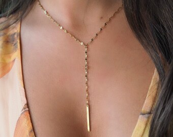 14k Gold Circle Lariat Necklace With Dropping Bar, Silver, Rose Gold, Dainty Y Necklace Long Chocker, Woman Gift, Skinny Lariat Bar,