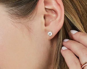 14K Solid Gold Crystal Zircon Stud Earring, Tiny Round Studs, Beautiful Gift, Diamond Stud Earrings, Screw Back Earring, Woman Gift
