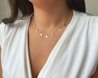 14k Gold Chain Choker Necklace Stars-Beautiful Woman Gift -Handmade Jewelry-Bridesmaid Necklace-Adjustable Necklace- Star Choker Necklace