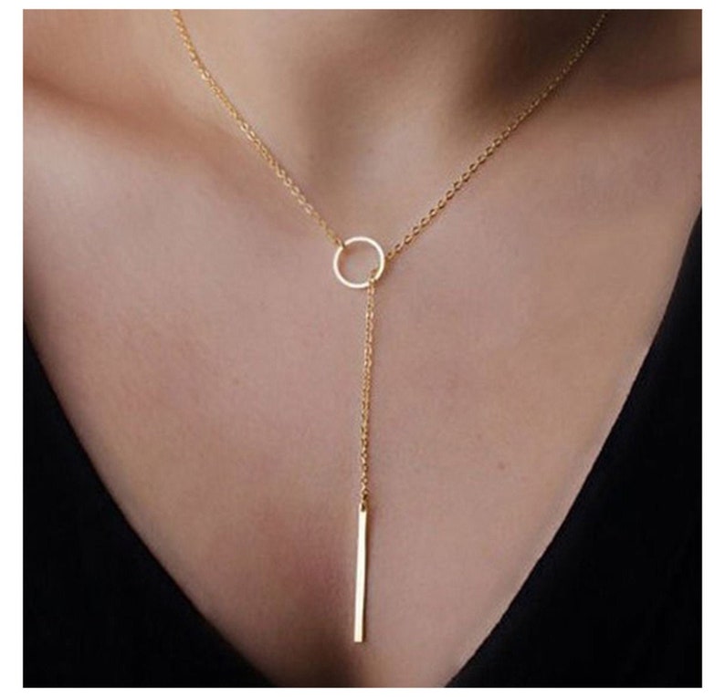 14k Gold Circle Lariat Necklace With Dropping Bar Silver Etsy