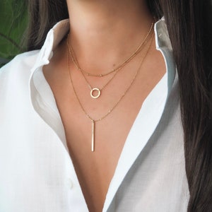 Set von 3 mehrreihigen Halsketten, wunderschöner Choker mit vertikalen Balken und Kreis Halskette, benutzerdefinierte Halskette, zartes Layering Set, verstellbar Bild 2