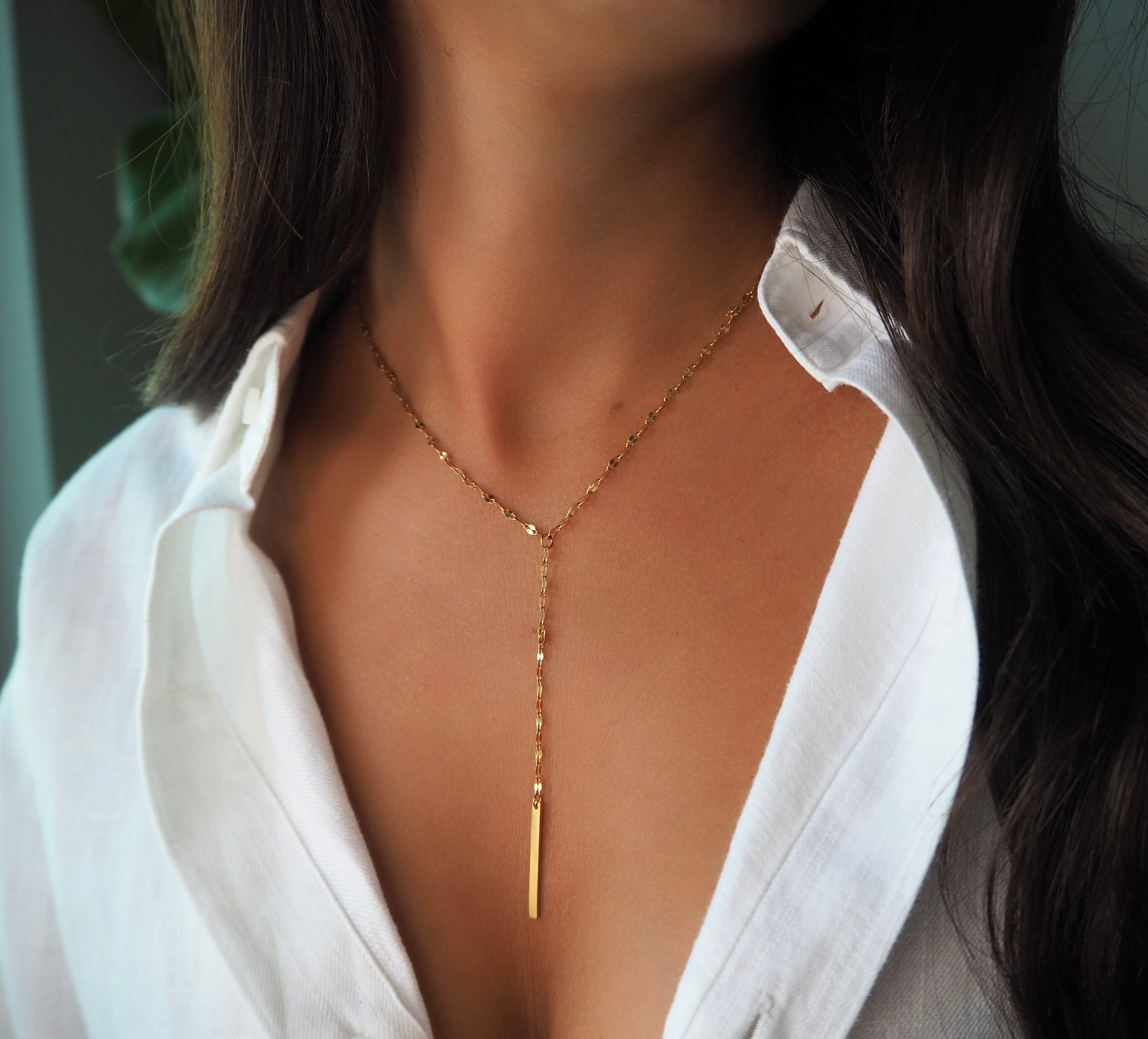 14k Gold Circle Lariat Necklace With Dropping Bar Silver Etsy