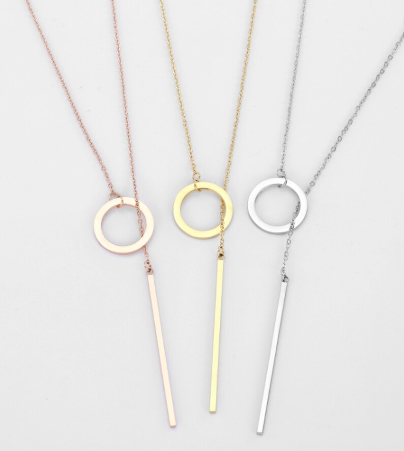 14k Gold Circle Lariat Necklace With Dropping Bar Silver Etsy
