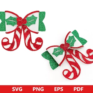 May include: Two red and white candy cane bow hair clips with green holly leaves and red berries. The bows are white with green glitter edges.