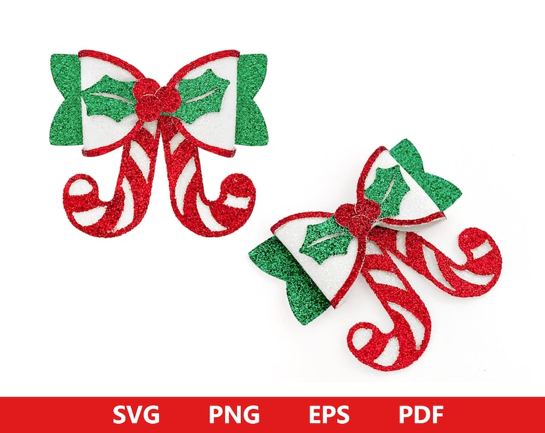 May include: Two red and white candy cane bow hair clips with green holly leaves and red berries. The bows are white with green glitter edges.