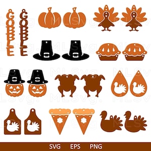 May include: A set of 12 Thanksgiving-themed SVG cut files, including turkeys, pumpkins, pilgrim hats, pie, and the word "Gobble".