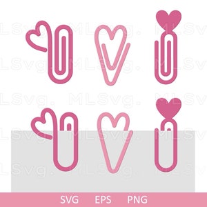 May include: Six pink paperclip designs with a heart shape at the top. The paperclips are in a variety of styles, including a heart shape, a traditional paperclip shape, and a paperclip with a heart shape at the top.