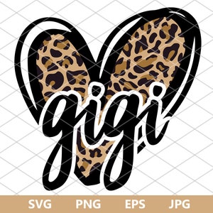 May include: A black heart-shaped design with a leopard print pattern and the word "gigi" written in a bold, cursive font.