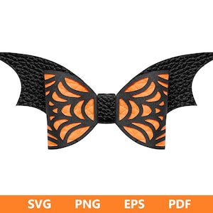 May include: A Halloween-themed bow tie with bat wing-shaped ends. The bow tie features a black textured exterior with an orange, web-like design in the center. The image also includes the text "SVG PNG EPS PDF" in an orange bar at the bottom.