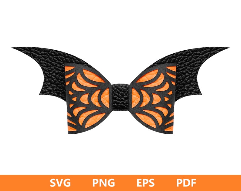 May include: A Halloween-themed bow tie with bat wing-shaped ends. The bow tie features a black textured exterior with an orange, web-like design in the center. The image also includes the text "SVG PNG EPS PDF" in an orange bar at the bottom.