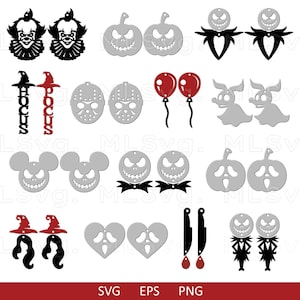 May include: A set of 12 Halloween-themed earring designs. The designs include pumpkins, ghosts, Mickey Mouse, a witch, a heart, and a knife. The earrings are black, white, red, and gray.