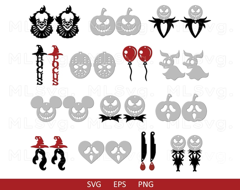 May include: A set of 12 Halloween-themed earring designs. The designs include pumpkins, ghosts, Mickey Mouse, a witch, a heart, and a knife. The earrings are black, white, red, and gray.