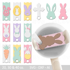 May include: A set of nine printable Easter-themed gift tags featuring bunnies, carrots, and crosses. The tags are designed for 20, 30, and 40 ounce containers.