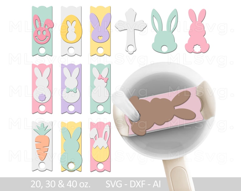 May include: A set of nine printable Easter-themed gift tags featuring bunnies, carrots, and crosses. The tags are designed for 20, 30, and 40 ounce containers.