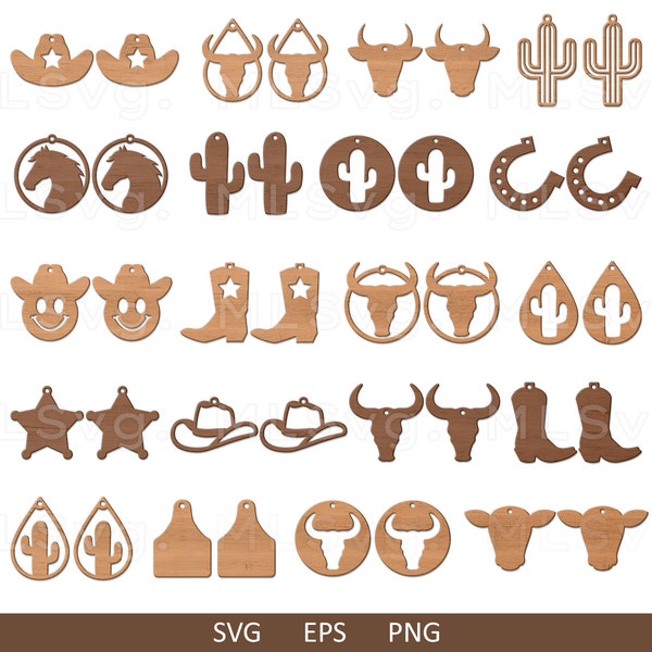 Western Earrings Bundle Svg, Glowforge Earrings Svg, Cowgirl Earrings, Western Ornaments Svg, Cow Head Svg, Cowboy Boot Svg, Cricut Earrings