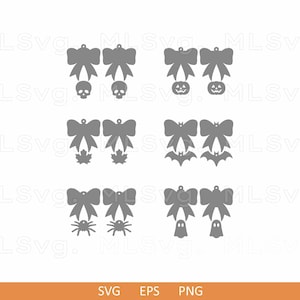May include: Gray Halloween-themed SVG cut files featuring bow shapes with skull, pumpkin, maple leaf, bat, spider, and ghost designs. The bottom of the image displays the text "SVG EPS PNG".