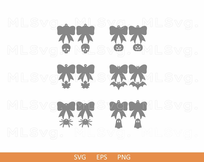 May include: Gray Halloween-themed SVG cut files featuring bow shapes with skull, pumpkin, maple leaf, bat, spider, and ghost designs. The bottom of the image displays the text "SVG EPS PNG".