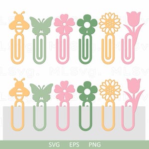 Puede incluir: Conjunto de diez diseños de clips de papel coloridos con una abeja, una mariposa, una flor, un girasol y un tulipán. Cada diseño es de un color diferente y tiene una forma única.