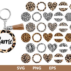 May include: A set of 20 digital cut files featuring leopard print, zebra print, and solid black and white designs. The designs include circles, hearts, hexagons, and frames. The designs are perfect for creating personalized crafts, such as keychains, stickers, and t-shirts.