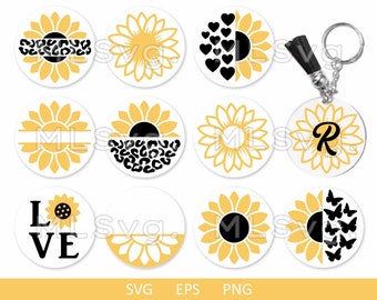 Sunflower Monogram Keychain Svg, Sunflower Keychain Svg, Circle Monogram Svg, Round Key Ring Pattern, Cricut Keychain, Summer Svg