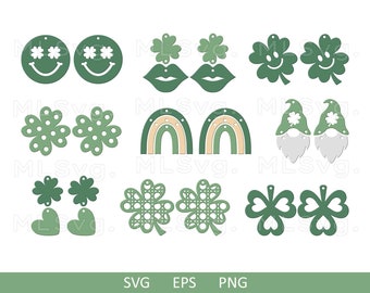 Può includere: Un set di 10 file di taglio digitale per la creazione di orecchini. I design includono trifogli, arcobaleni, gnomi e facce sorridenti. I file sono in formato SVG, EPS e PNG.