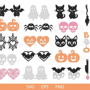 May include: A set of 20 Halloween-themed SVG cut files, featuring various designs such as pumpkins, bats, ghosts, spiders, skulls, hearts, and brooms. The designs are in black, white, orange, pink, and grey.