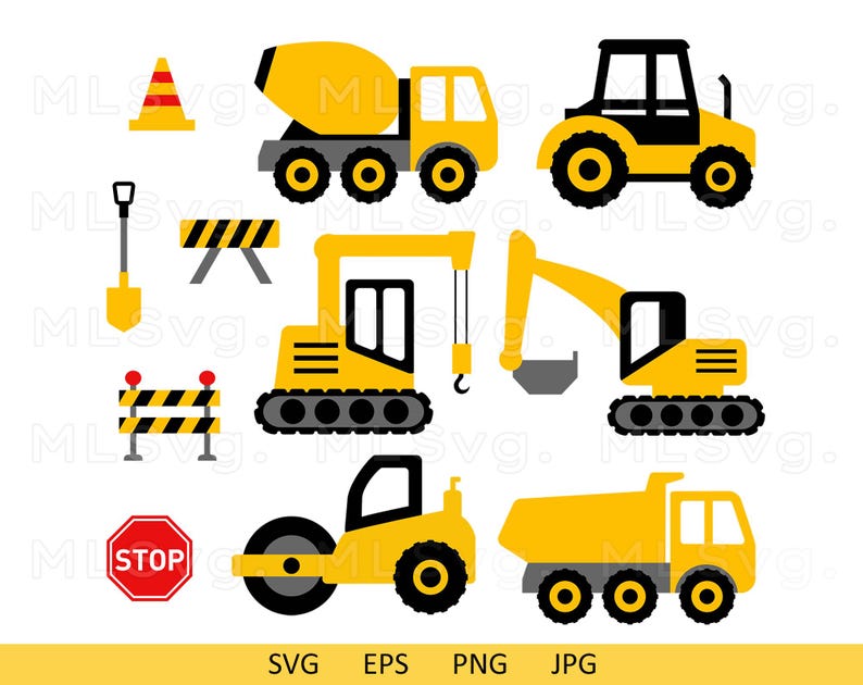 May include: A set of nine construction vehicle and road sign illustrations. The illustrations are in a cartoon style and feature a yellow cement mixer, a yellow excavator, a yellow dump truck, a yellow steamroller, a black tractor, a yellow and black construction barrier, a yellow and black stop sign, a yellow traffic cone, and a black shovel.
