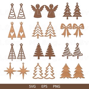 Paquete SVG de pendientes de madera de Navidad, pendientes de Navidad SVG, pendientes de cuero sintético, pendientes cortados con láser, Glowforge svg, árbol de Navidad svg