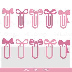 Może przedstawiać: Zestaw dziesięciu różowych spinaczy do papieru z kokardkami. Spinacze do papieru są ułożone w dwóch rzędach po pięć. Kokardki mają różne wzory.