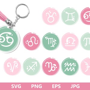 Zodiac Keychain SVG, Key Ring Pattern svg, Round Keychain Pattern SVG, Paint Brush Stroke svg, Keychain svg png, Decorate Keychains png eps image 1